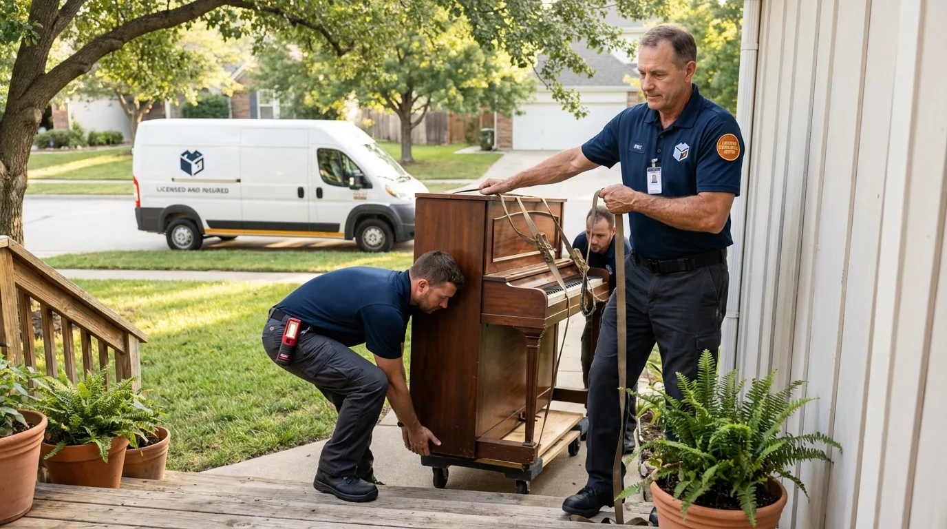 Licensed piano movers securing grand piano in Winterville, NC