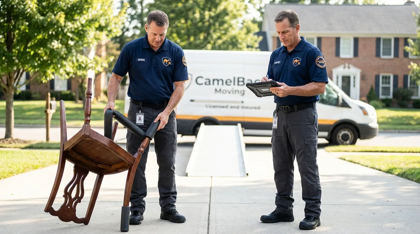 Movers inspecting furniture for damage prevention before loading in Winterville, NC